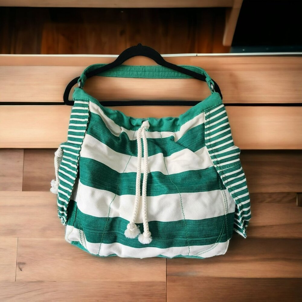 Gap Hobo Beach Pool Tote Bag White Green Weekender Rope Drawstring Snap Recycled